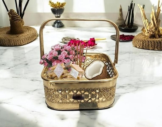 XENOBUY Pure Brass Square Pooja Basket Dalia - Traditional