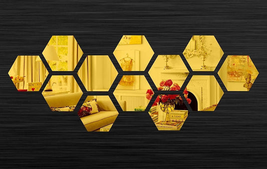 3D Golden Acrylic Hexagon Mirror Wall Stickers - 12 Piece
